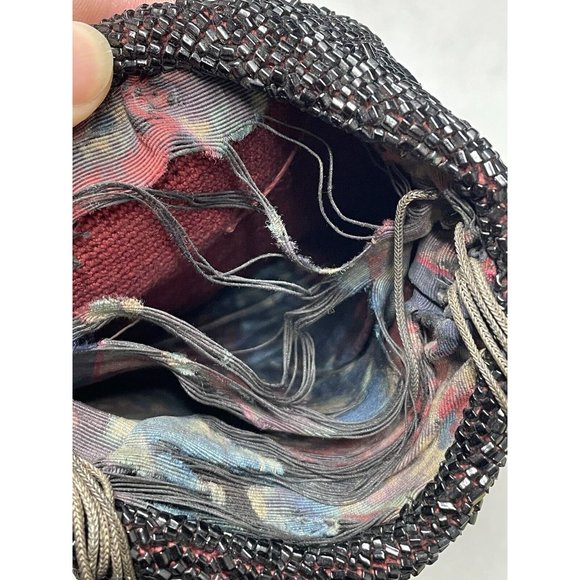 Antique Vintage 20th C.  Dark Black Red Beaded Flapper Art Deco Glass Purse Bag - Picture 11 of 16
